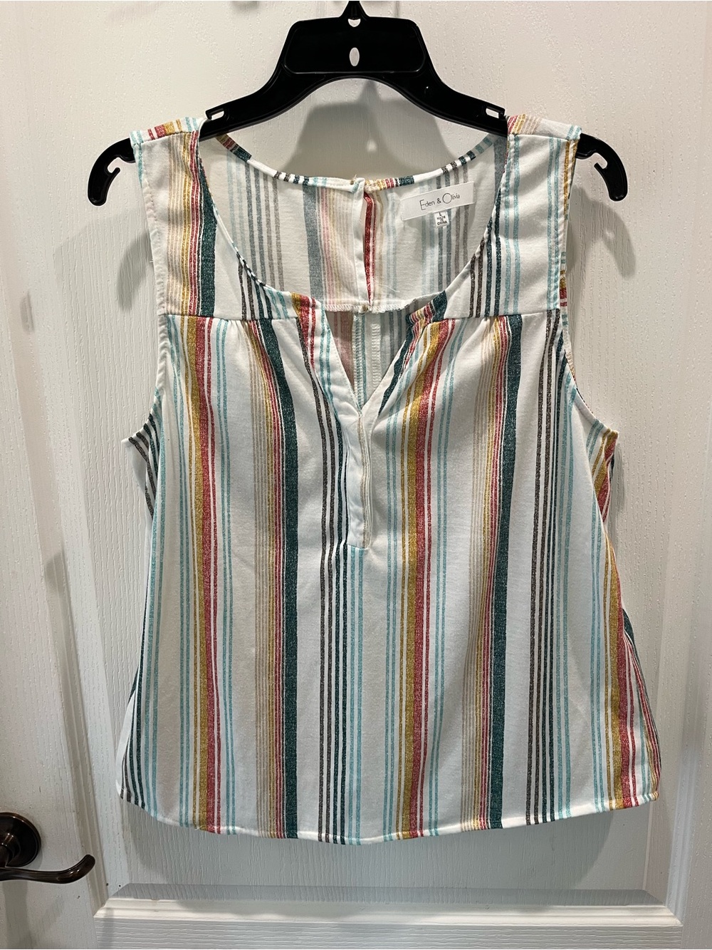 Eden & Olivia Striped Sleeveless V-Neck Top - White, Teal, Mustard, Coral